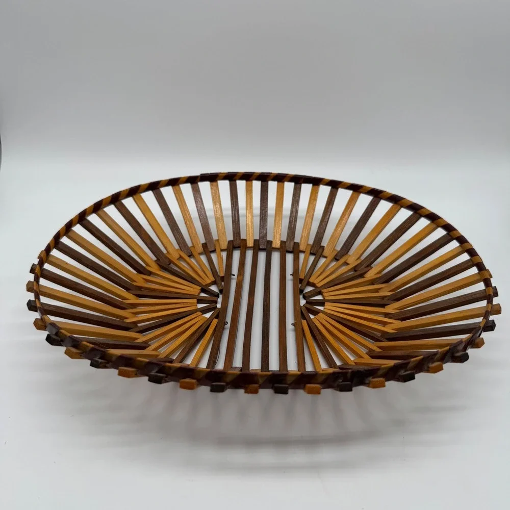 Vintage Bamboo Slat Oval Basket Two Tone Japanese Wood Fruit Bread Bowl 12x10